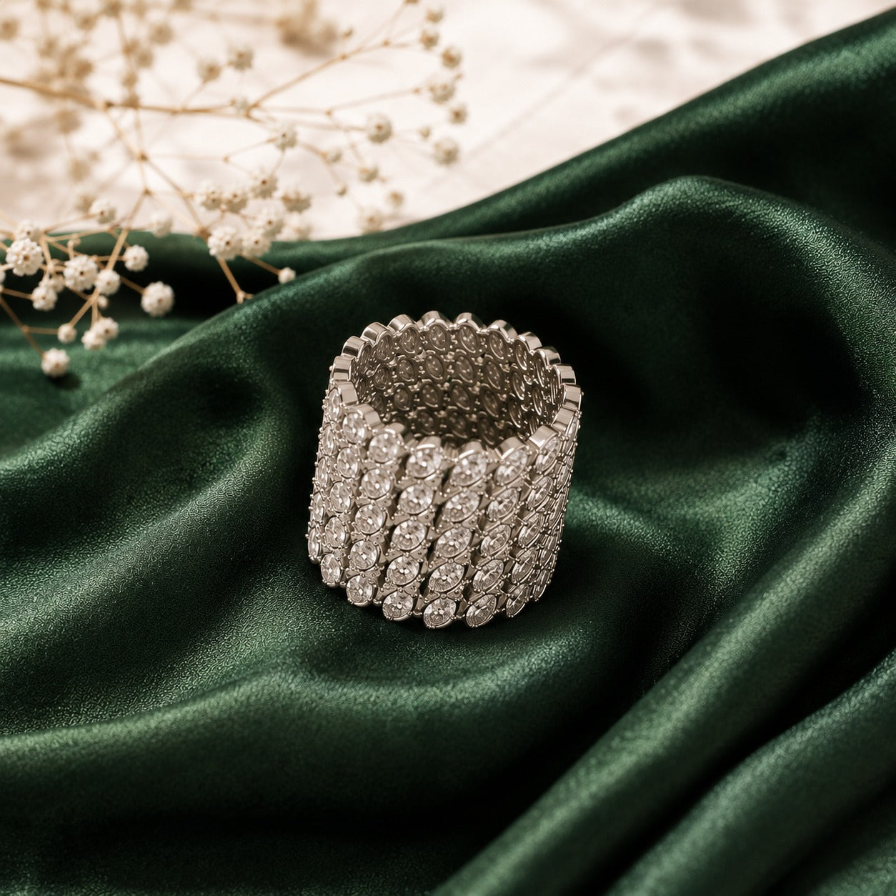 Close-up of Veyra Marquise Band showing layered clear stone marquise pattern