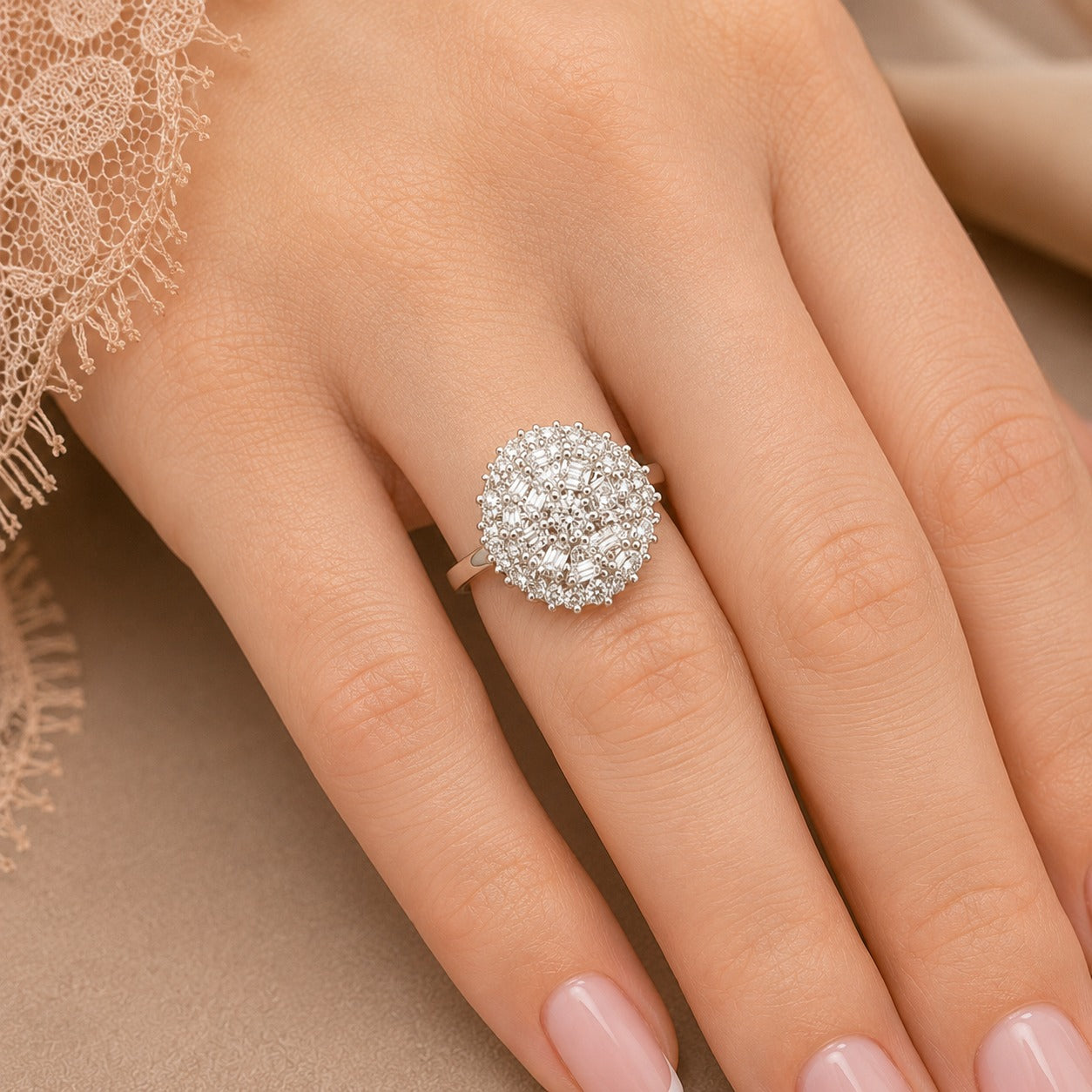 Prism Nest S925 silver ring size 7 worn on hand, featuring a round dimensional cluster of clear baguette and faceted stones