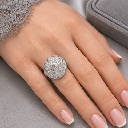 S925 silver geometric dome statement ring worn on hand, showing its rounded profile and clear stone detailing.