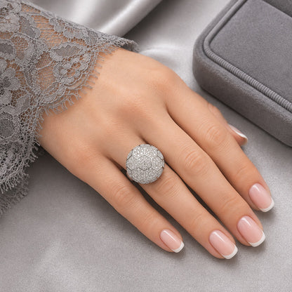 S925 silver geometric dome statement ring worn on hand, showing its rounded profile and clear stone detailing.