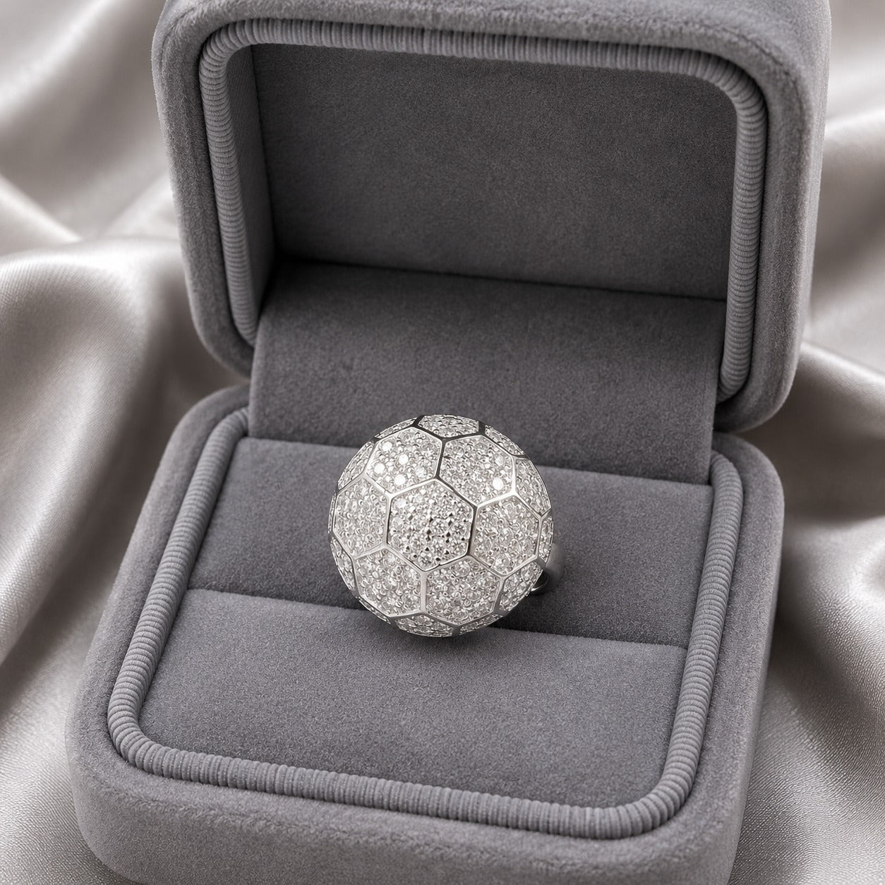 S925 silver Prism Dome Ring with clear stones and geometric panel detailing displayed in a grey jewellery box.