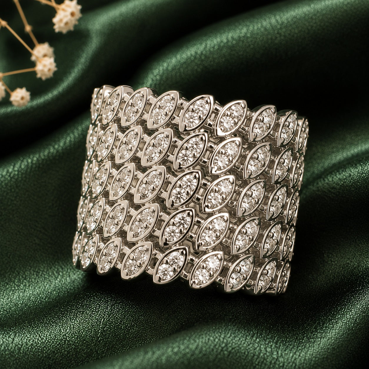 Close-up of Veyra Marquise Band showing layered clear stone marquise pattern