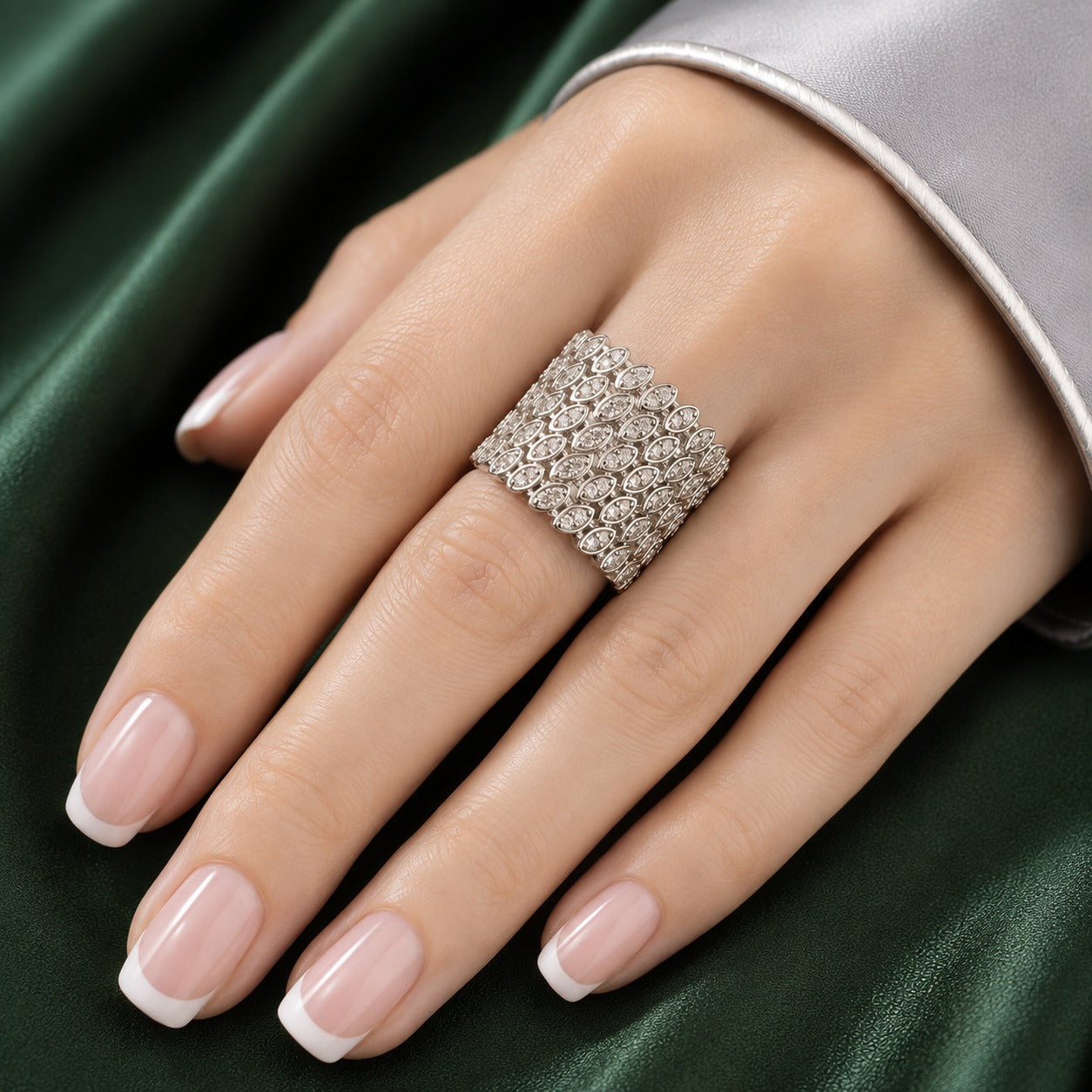 Veyra Marquise S925 silver wide band worn on hand with French manicure