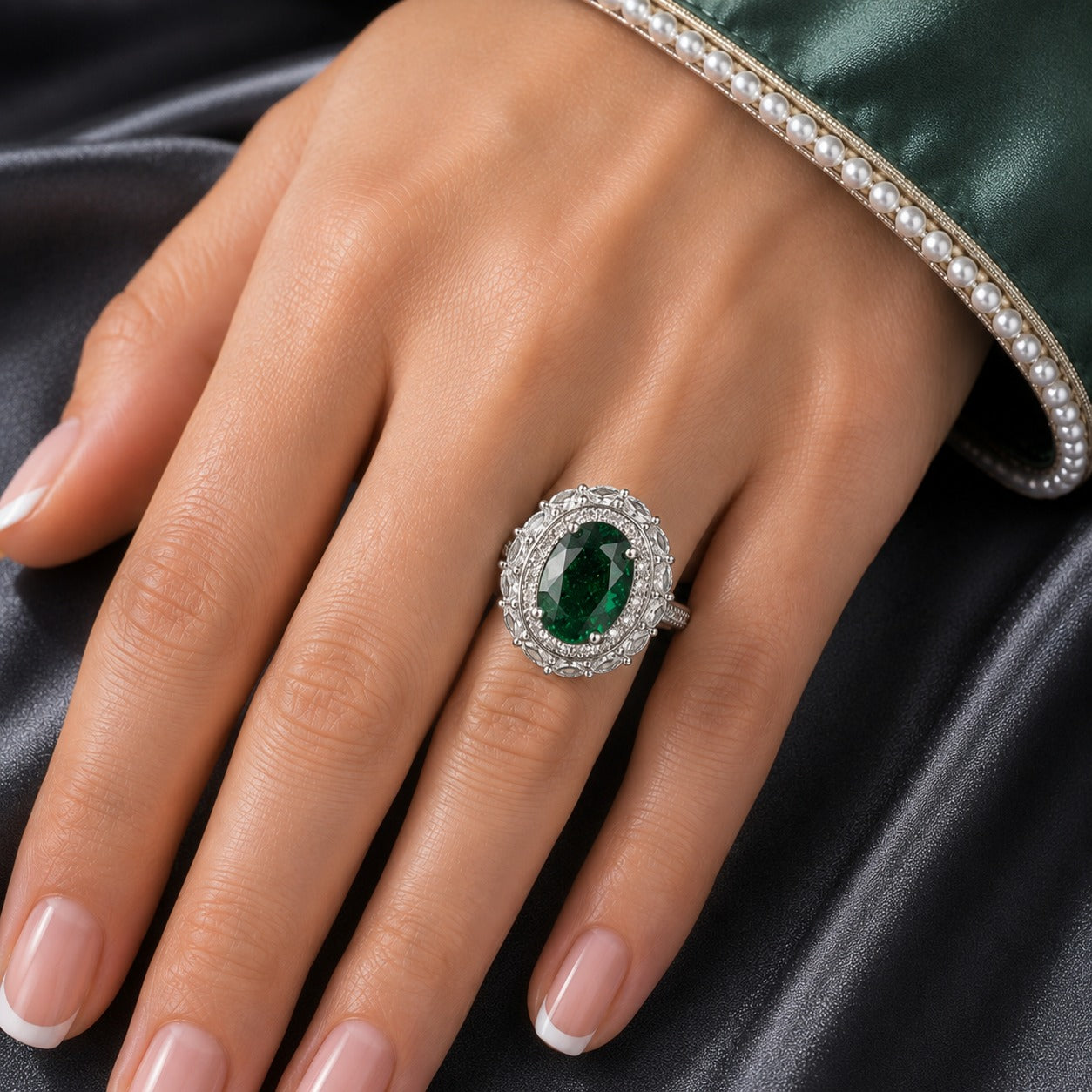Close-up of the S925 green oval statement ring showing the faceted centre stone, clear stone border and marquise-cut outer detailing.