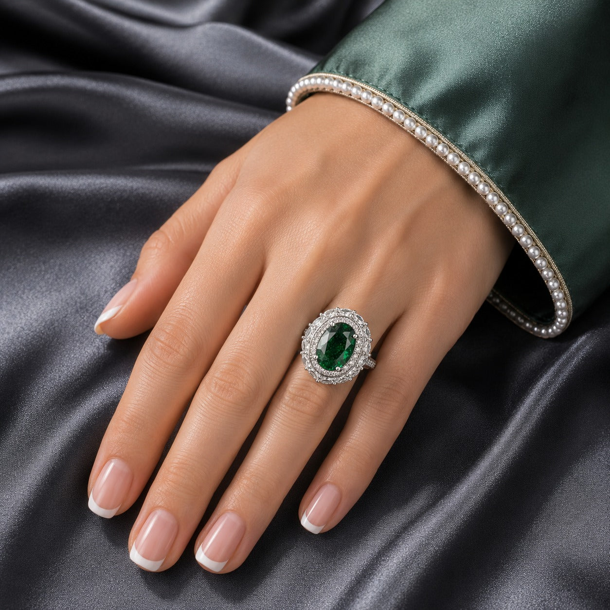 Hand wearing the S925 silver Verdant Oval Ring with a faceted green centre stone and detailed clear stone surround.