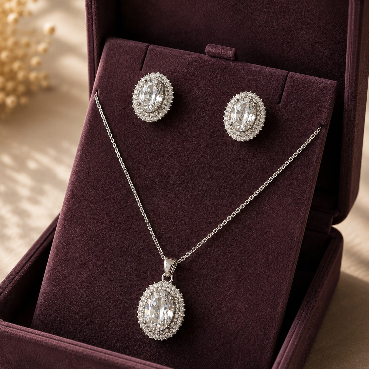 Silver-tone earrings and pendant necklace set with large oval-cut clear zircons and double zircon borders displayed in a deep plum jewellery box.