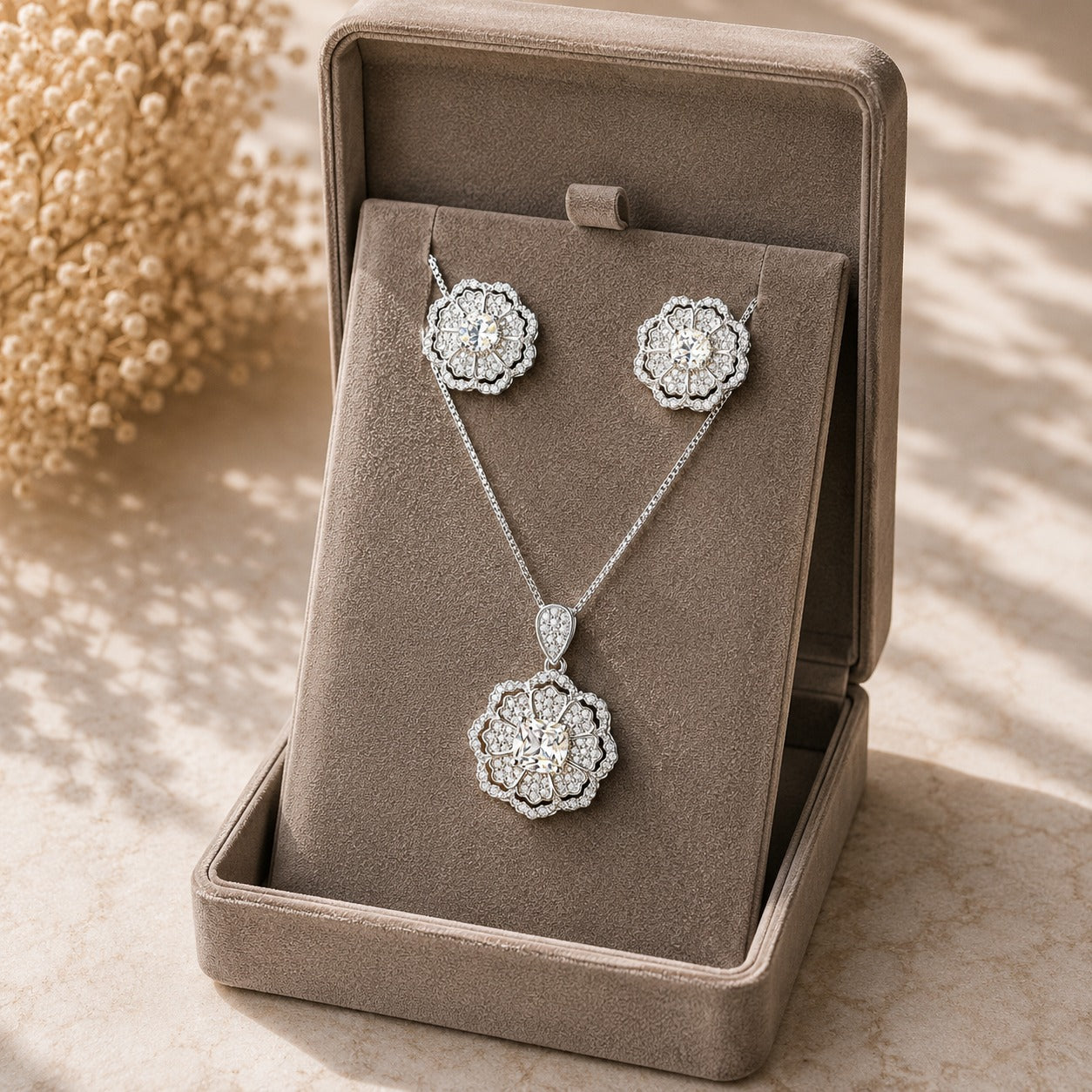 S925 Rosette Prism earrings and pendant set with clear centre stone displayed in a premium jewellery box