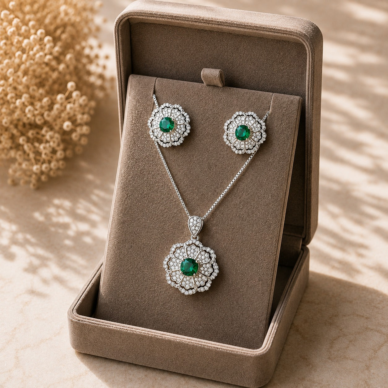 S925 Rosette Prism earrings and pendant set with emerald green centre stone displayed in a premium jewellery box