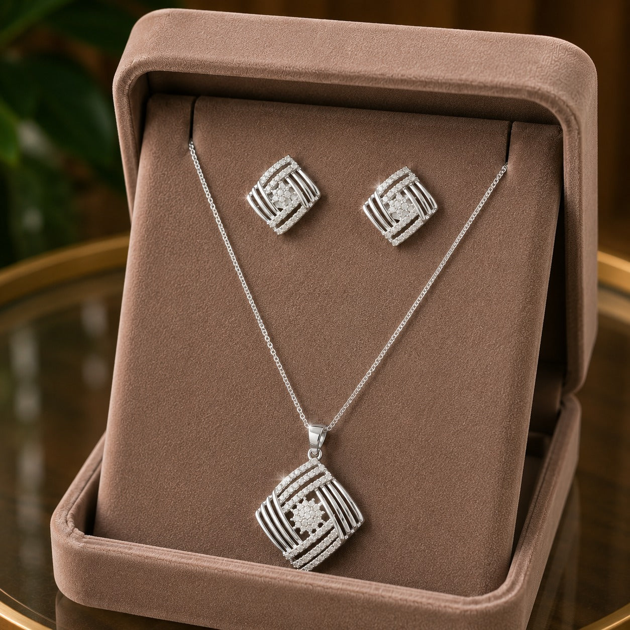 S925 Linear Muse earrings and pendant set featuring layered geometric silver lines and clear stone detailing displayed in a taupe jewellery box