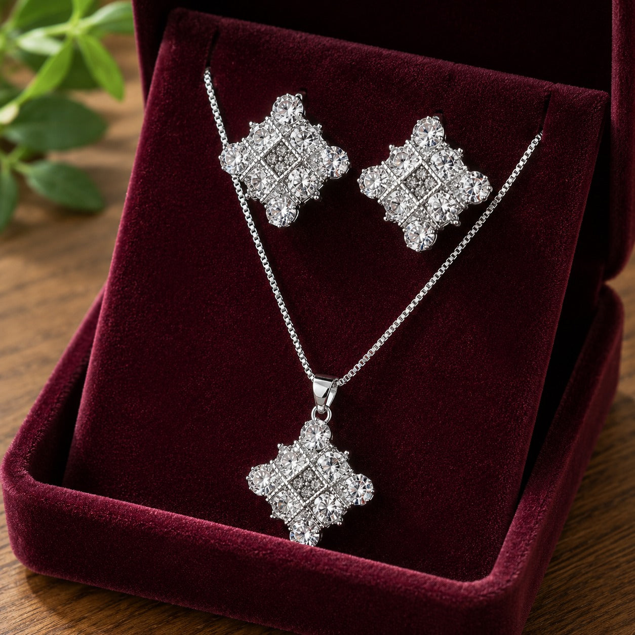 S925 silver diamond-shaped earrings and pendant set with clear stones displayed in a burgundy velvet jewellery box.