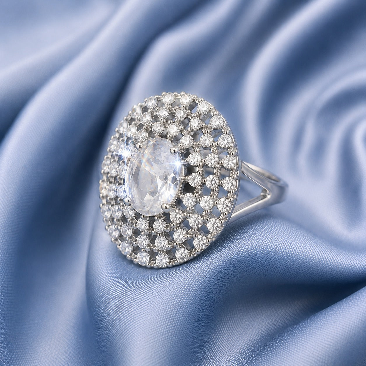 S925 Lucent Lace statement ring with oval clear centre stone and intricate crystal lattice design worn on hand.