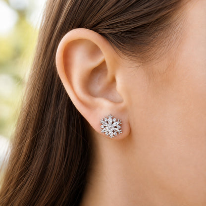 Frostwork S925 silver zircon stud earring worn on the ear, showing its compact size and intricate sparkling design.