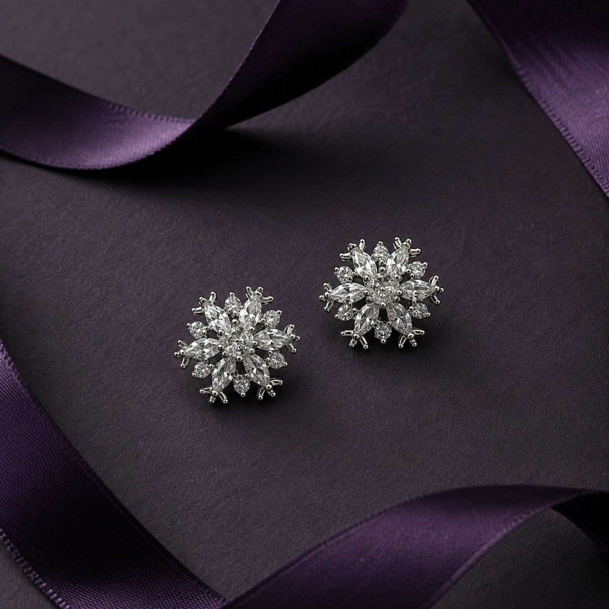 S925 silver Frostwork Studs with layered marquise and round clear zircon stones arranged in a detailed radial design.