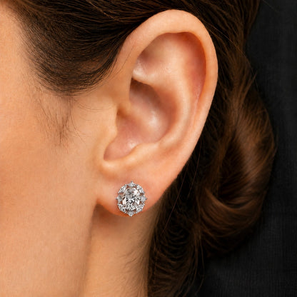 Close-up of Lustre Vale S925 Stud worn on the ear, featuring a brilliant oval clear zircon surrounded by marquise and petite clear zircon accents.