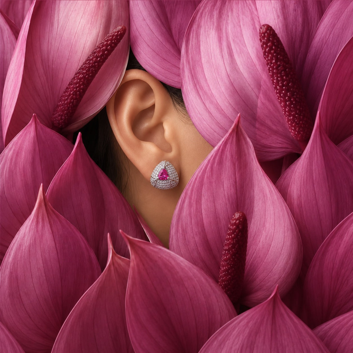 A close-up of a person's ear wearing a small triangular-shaped stud earring, surrounded by large pink flower petals.
