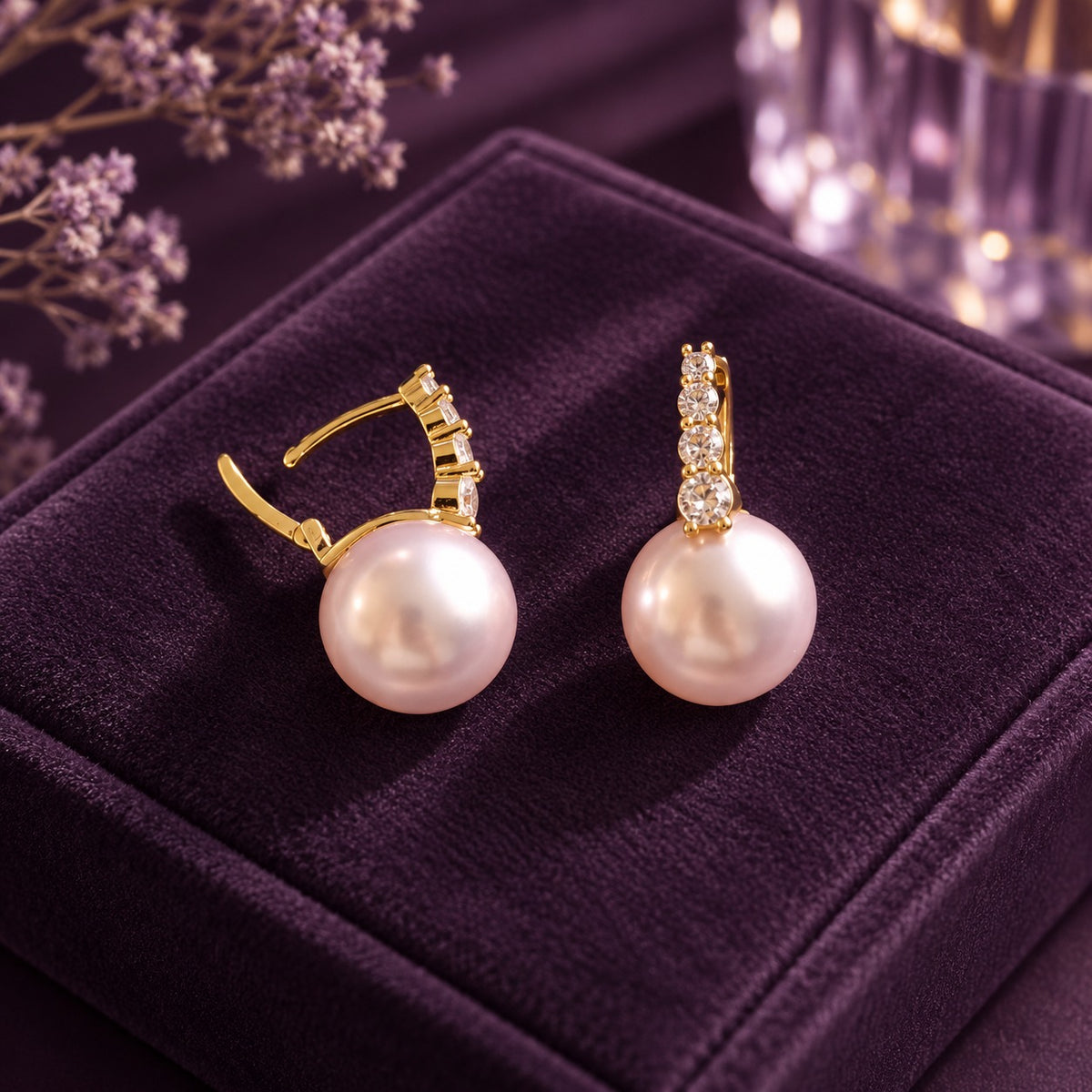 Side-view of gold-tone pearl drop earrings showing the hinged latch-back closure, four clear faceted stones and blush-pink pearl drops.