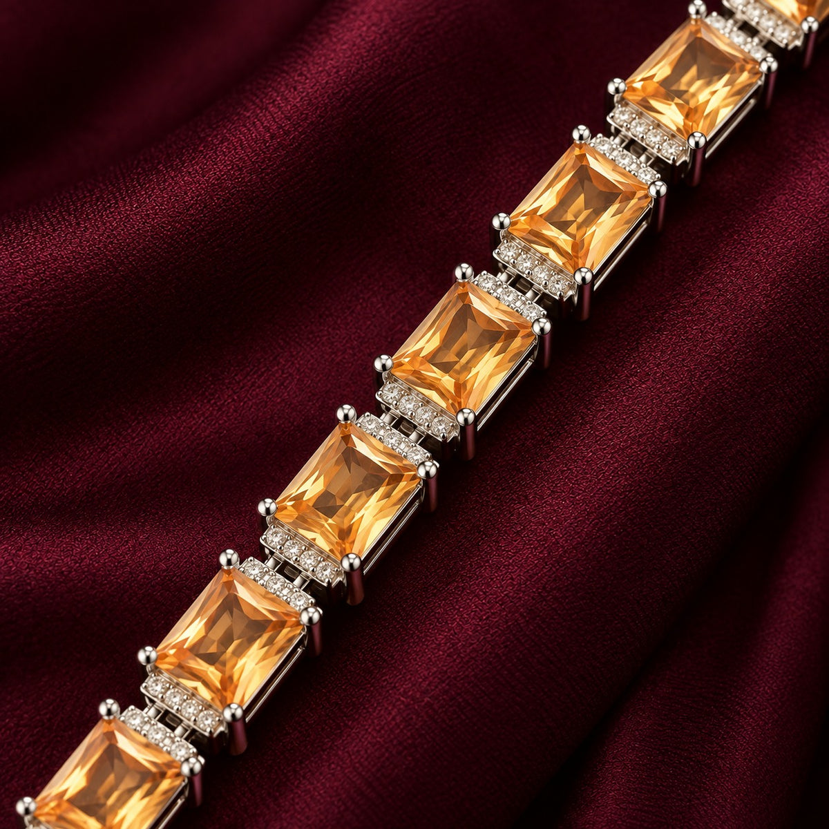 Champagne Gallery Link Bracelet with rectangular champagne stones and clear zircon separators displayed on deep burgundy fabric