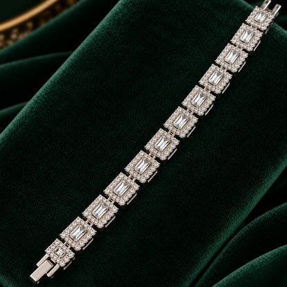 Close-up of the Framed Link Bracelet showing emerald-cut clear centre stones framed by rows of small clear zircon.
