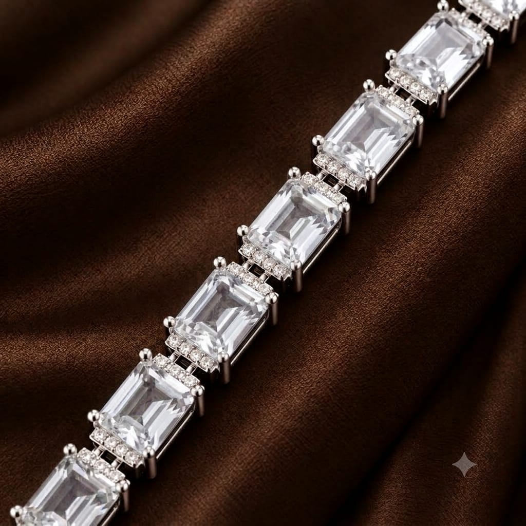 Clear Gallery Link Bracelet with rectangular transparent stones and fine clear zircon detailing between each silver-tone link.