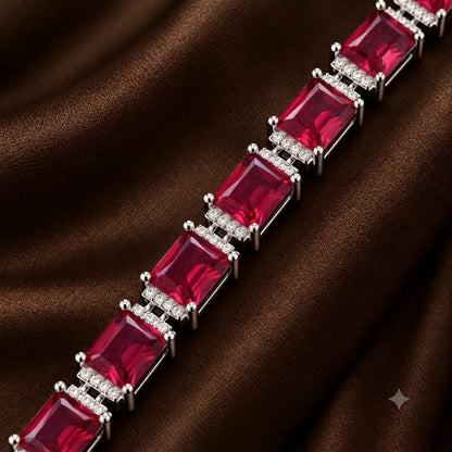 Ruby Red Gallery Link Bracelet featuring rectangular red stones with clear zircon separators in a polished silver-tone setting.
