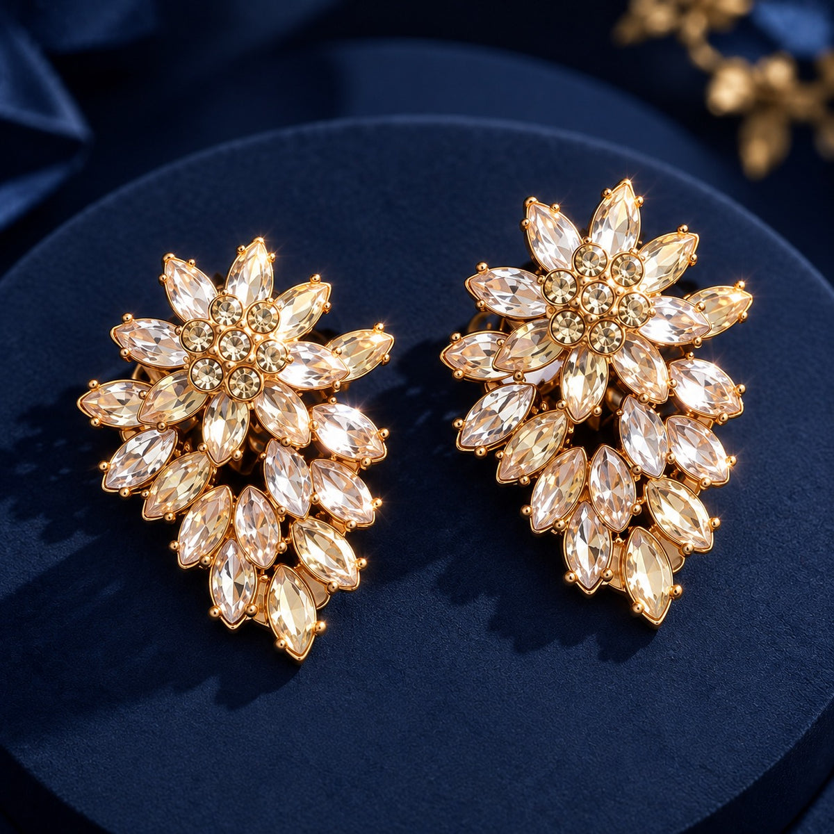 Close-up of Gilded Laurel Drop Earrings in gold-tone metal, featuring layered marquise-cut clear stones arranged in a floral tapered design on deep navy fabric