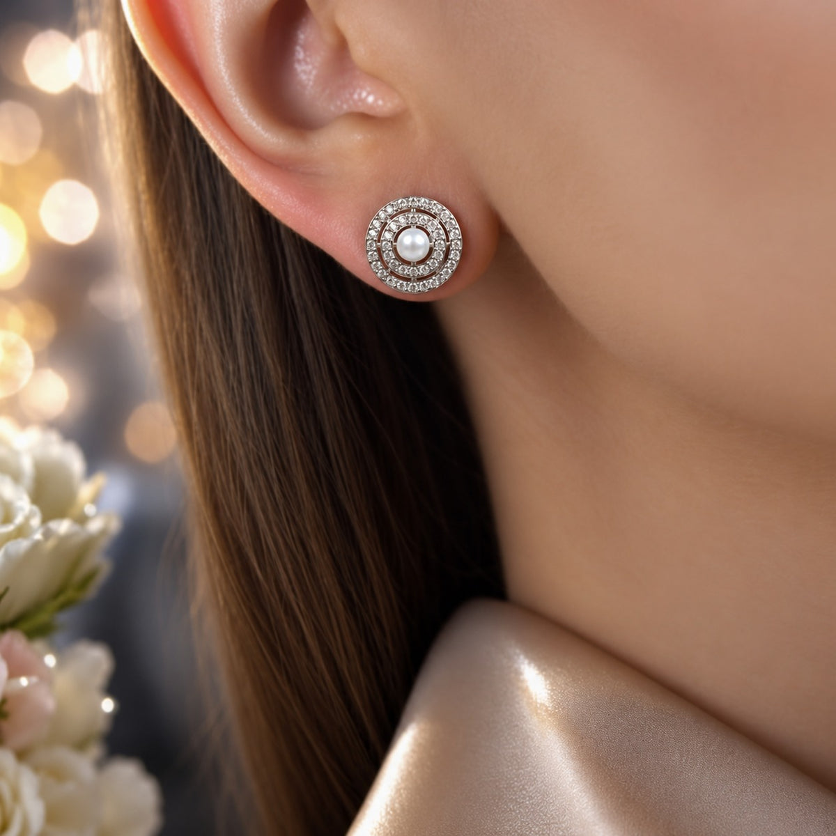 Woman wearing a Pearl Axis Stud Earring with a white pearl centre framed by two structured circular rows of clear zircon