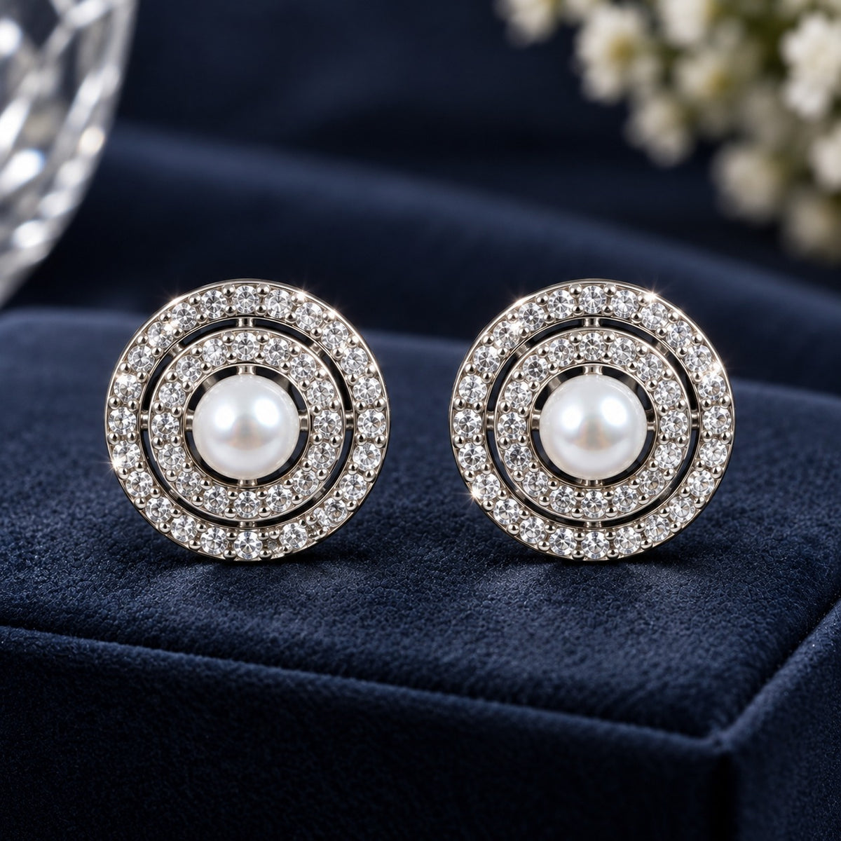 Close-up of Pearl Axis Studs featuring central white pearls surrounded by two concentric rows of clear zircon in polished silver-tone metal