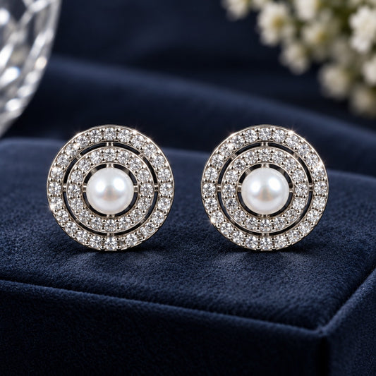 Close-up of Pearl Axis Studs featuring central white pearls surrounded by two concentric rows of clear zircon in polished silver-tone metal