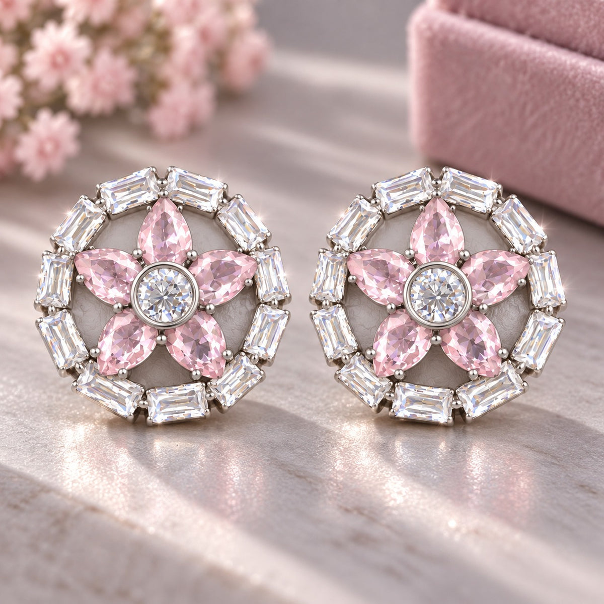 Petal Circuit Stud Earrings featuring five  blush pink pear-cut coloured gemstone petals, a round clear zircon centre and a circular border of clear baguette stones in silver-tone metal.”