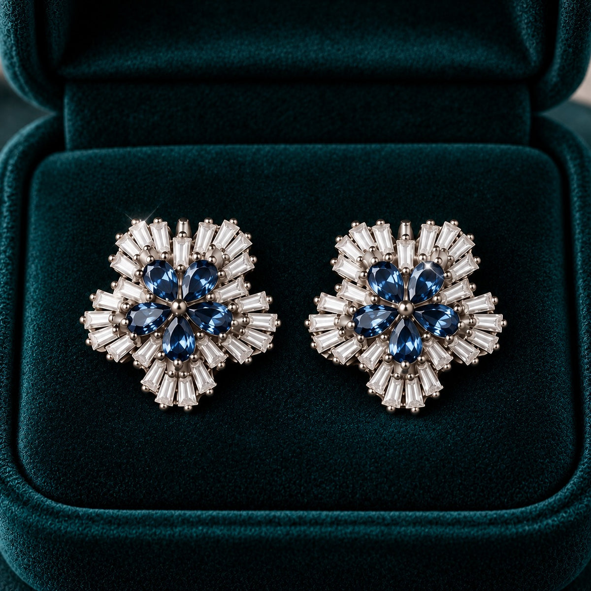 Sapphire Fan Stud Earrings featuring five pear-cut sapphire-blue stones surrounded by radiating clear baguette stones in a polished silver-tone setting
