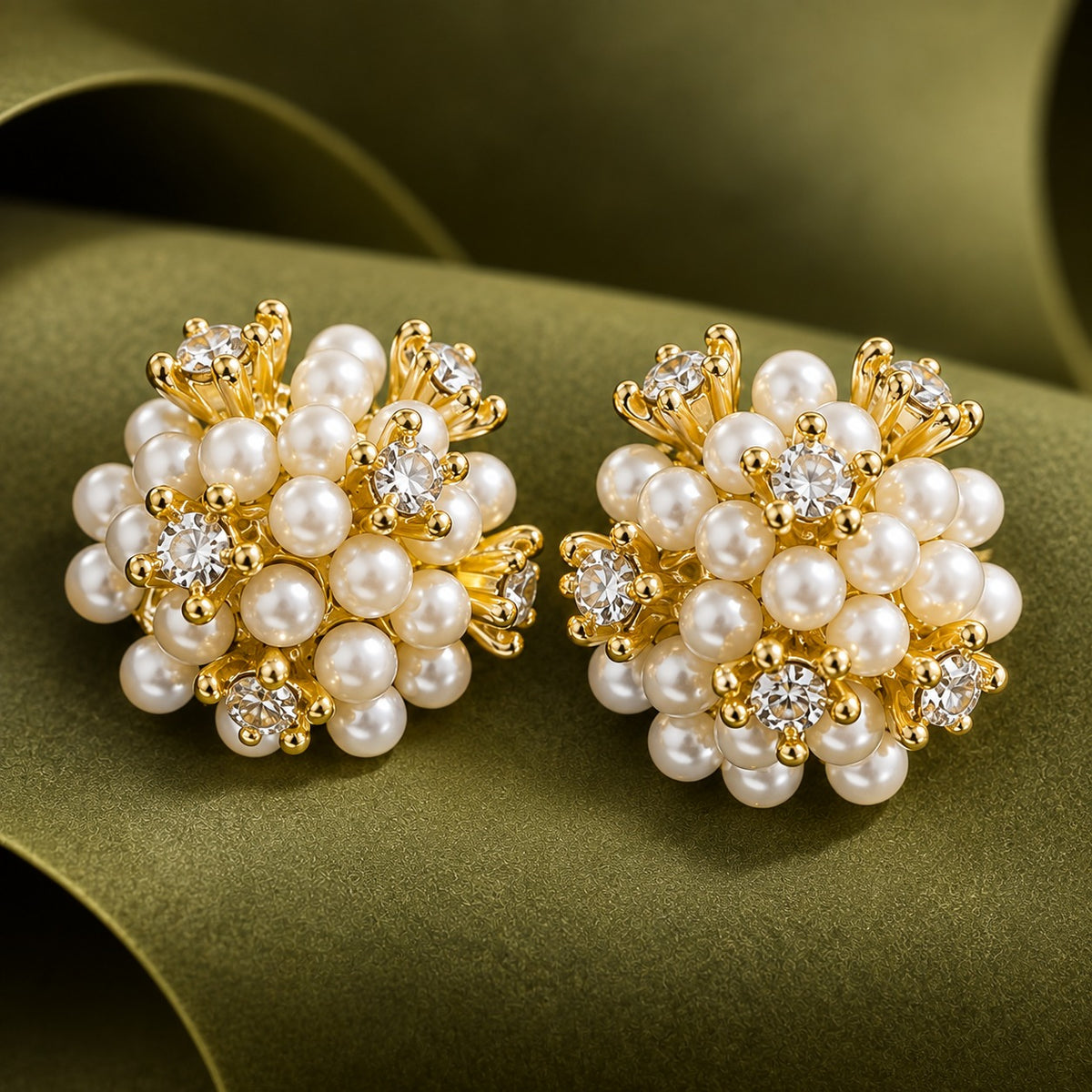 Gold-tone Pearl Riot Stud Earrings featuring clustered ivory pearls, clear zircon stones and sculpted gold detailing on an olive-green display.