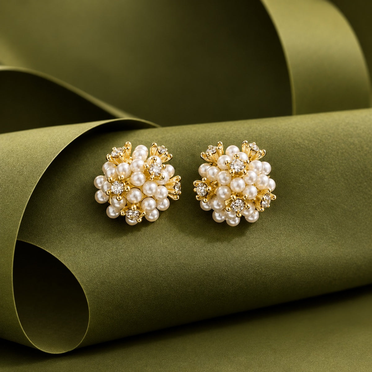 Gold-tone Pearl Riot Stud Earrings featuring clustered ivory pearls, clear zircon stones and sculpted gold detailing on an olive-green display.
