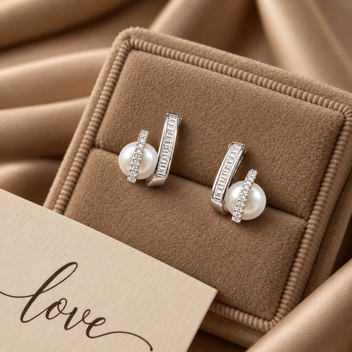 Parallel Pearl Stud Earrings in silver-tone metal with creamy-white pearls, round clear zircons and baguette-cut stone detailing displayed in a suede jewellery box.