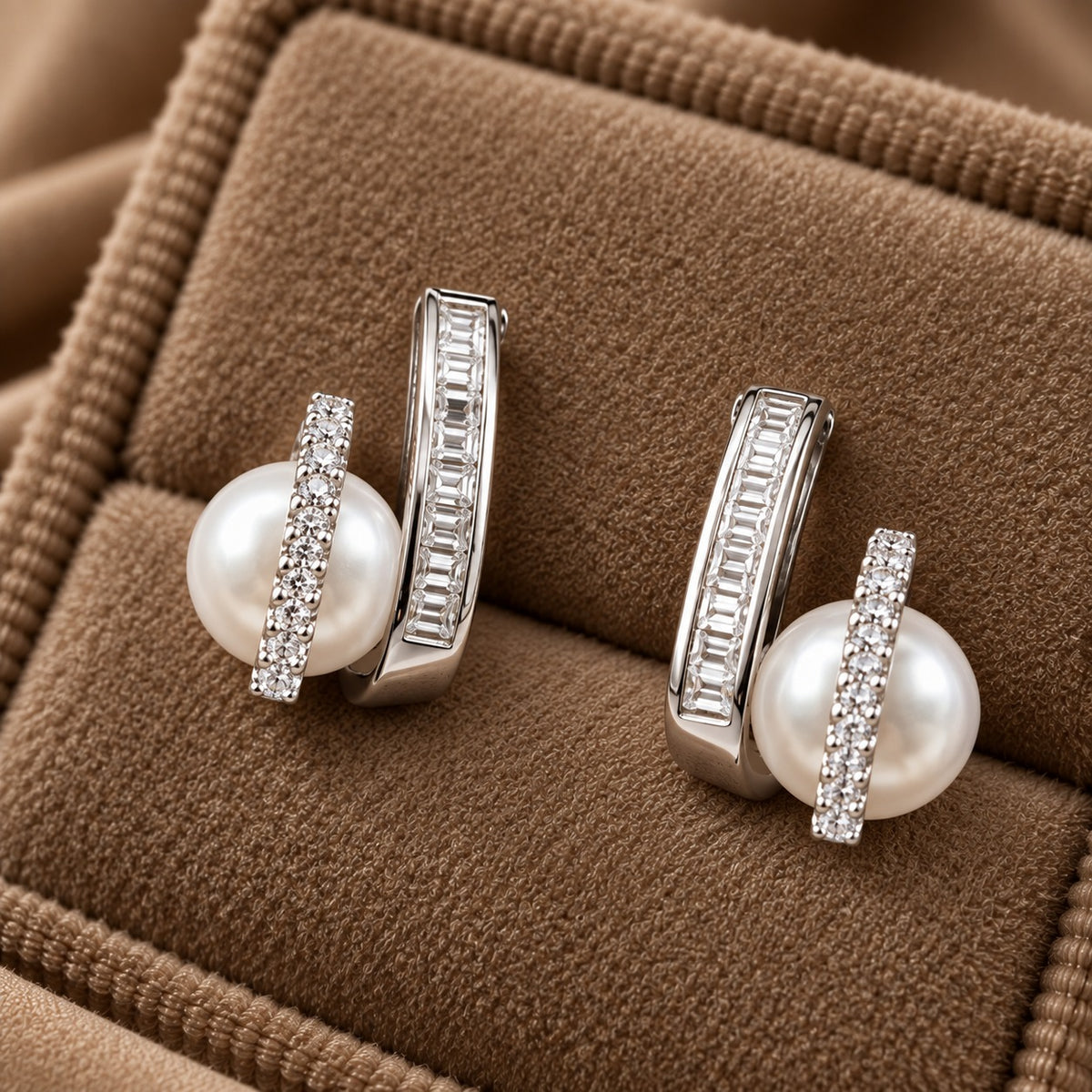  close up of Parallel Pearl Stud Earrings in silver-tone metal with creamy-white pearls, round clear zircons and baguette-cut stone detailing displayed in a suede jewellery box.