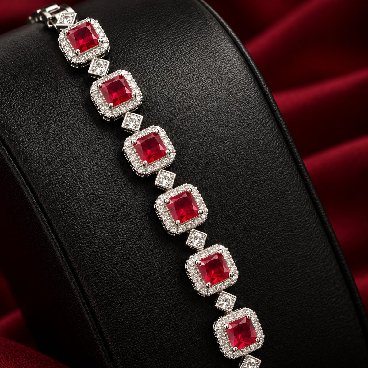 Silver-tone Regal Grid Bracelet featuring square-cut gemstones surrounded by clear zircon borders and connected with small diamond-shaped zircon links, available in ruby red, emerald green and clear zircon.