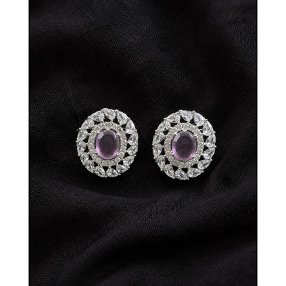 Regal Wreath Studs in silver-tone metal featuring an oval  purple centre stone surrounded by clear zircon and a wreath of pear-cut stones.