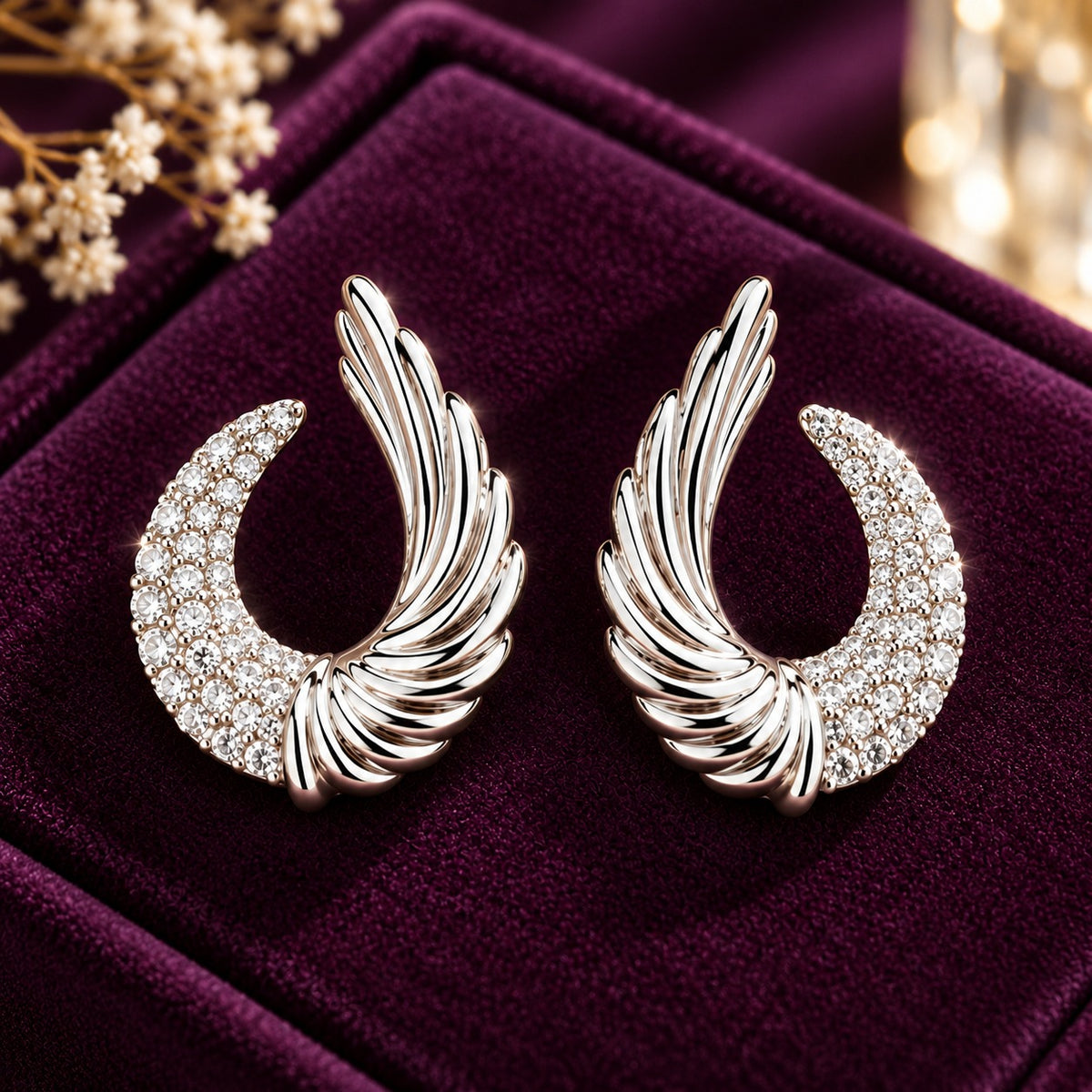 Close-up of silver crescent and wing stud earrings featuring clear zircon detailing and sculpted polished feather curves.