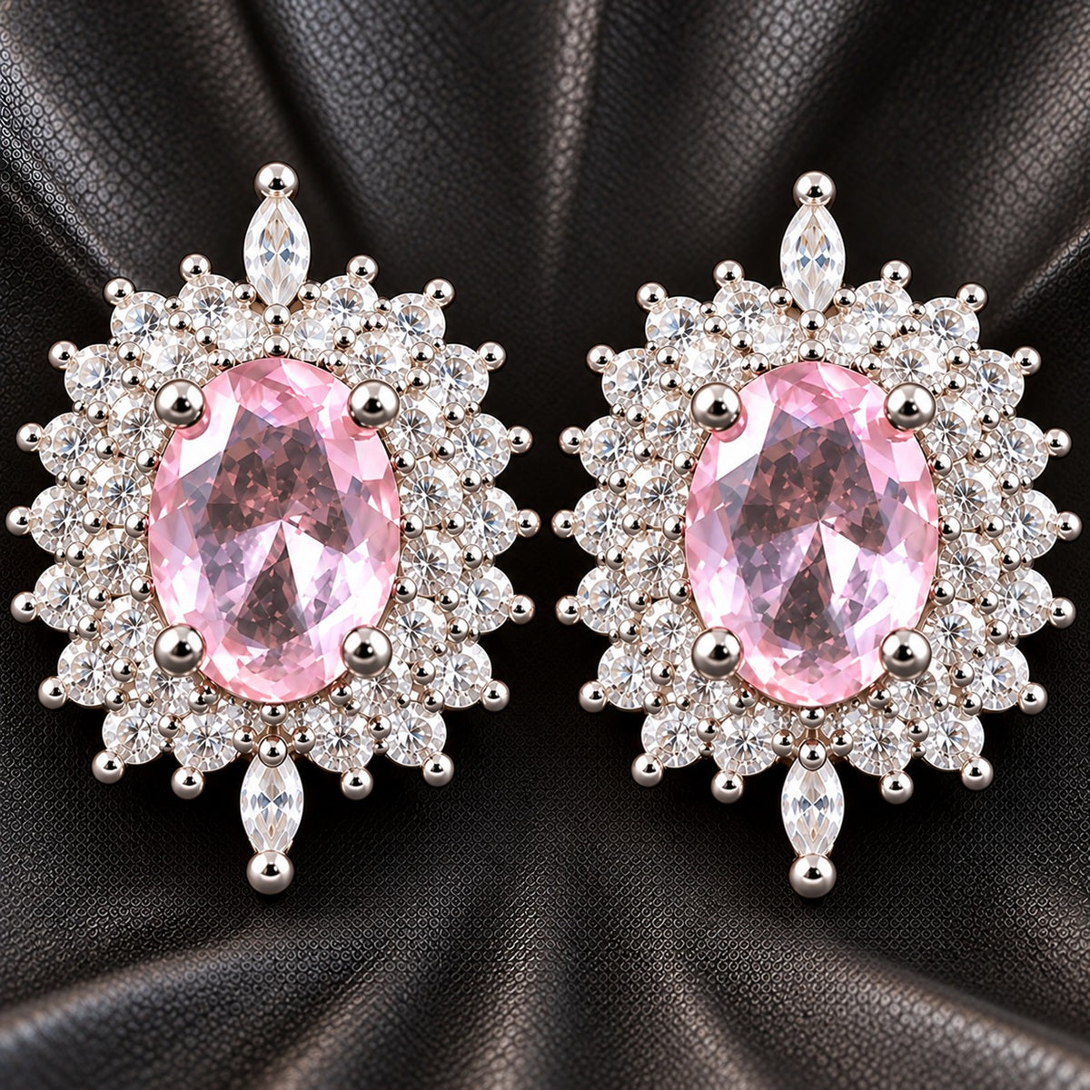 The Duchess Oval Studs with blush pink faceted centre stones, clear zircon surround and polished silver-tone setting
