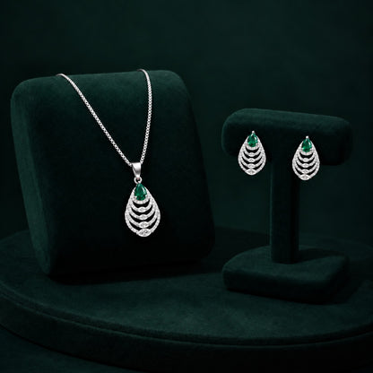 Cascade Leaf pendant and earrings with emerald green pear-cut stones and clear zircons.