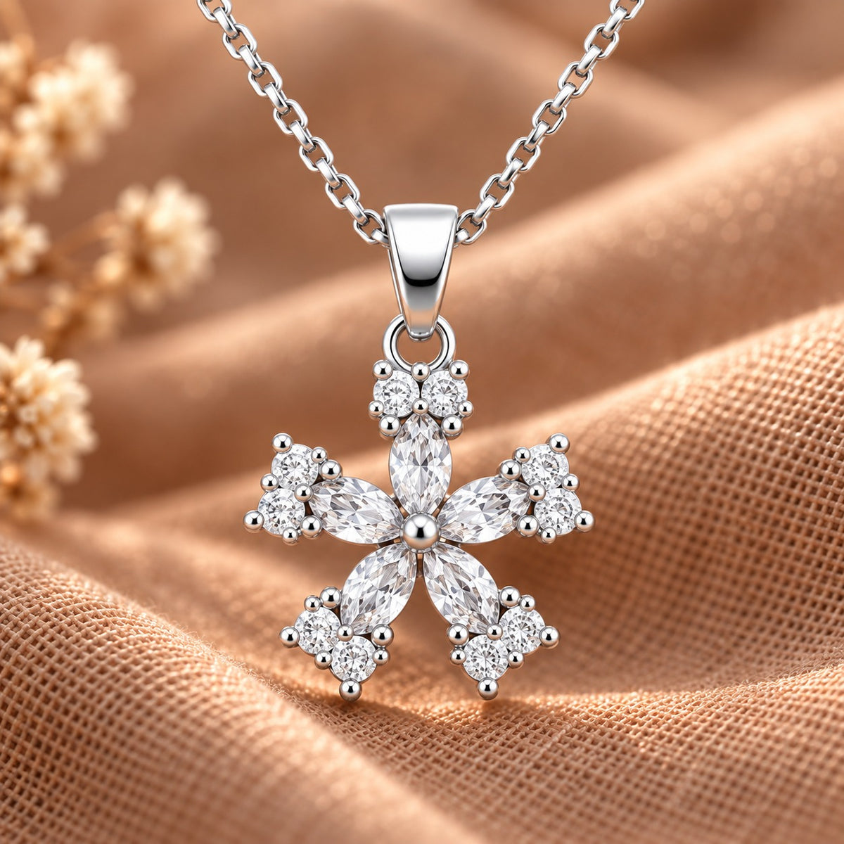 Fleur Quintet Locket featuring clear marquise-cut stones with brilliant clear zircon clusters and a polished silver finish.