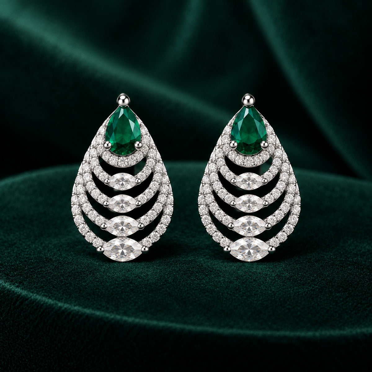 Cascade Leaf Zircon earrings with layered marquise stones and clear zircon detailing.