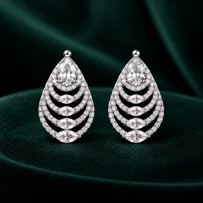 Cascade Leaf Zircon earrings with layered marquise stones and clear zircon detailing.