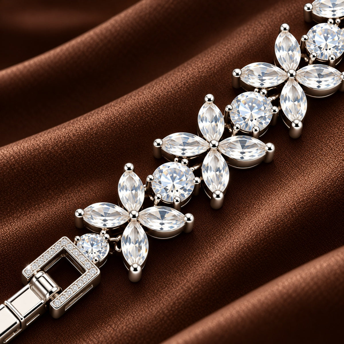 Close-up of silver-tone bracelet featuring four-petal marquise zircon flowers alternating with round clear zircon stones