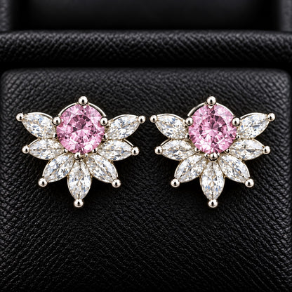 Trillium Gem Petal Studs with marquise clear zircon petals and round  blush pink centre gemstone in silver-tone setting.