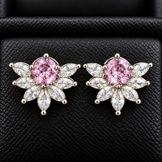 Trillium Gem Petal Studs with marquise clear zircon petals and round  blush pink centre gemstone in silver-tone setting.