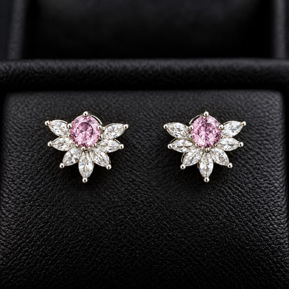 Trillium Gem Petal Studs with marquise clear zircon petals and round  blush pink centre gemstone in silver-tone setting.