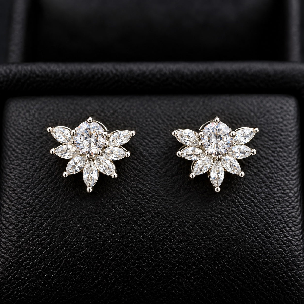 Trillium Gem Petal Studs with marquise clear zircon petals and round  clear centre gemstone in silver-tone setting.