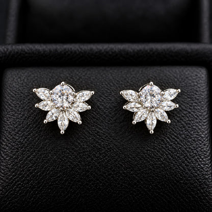 Trillium Gem Petal Studs with marquise clear zircon petals and round  clear centre gemstone in silver-tone setting.