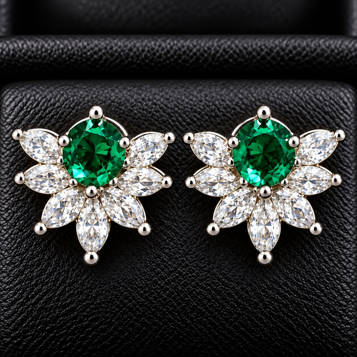 Trillium Gem Petal Studs with marquise clear zircon petals and round  emerald green centre gemstone in silver-tone setting.