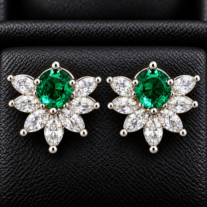 Trillium Gem Petal Studs with marquise clear zircon petals and round  emerald green centre gemstone in silver-tone setting.